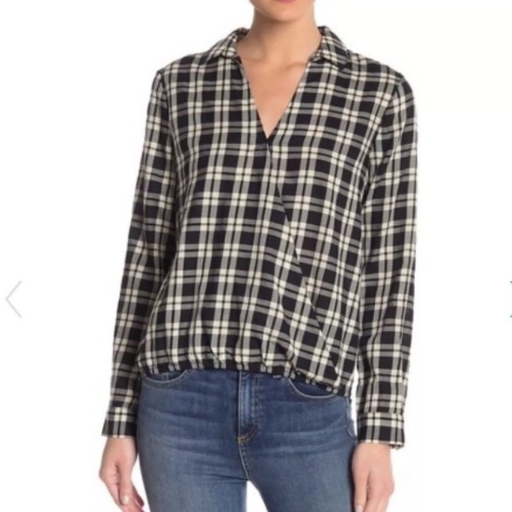 MADEWELL PLAID BLACK WRAP FRONT BLOUSE LARGE